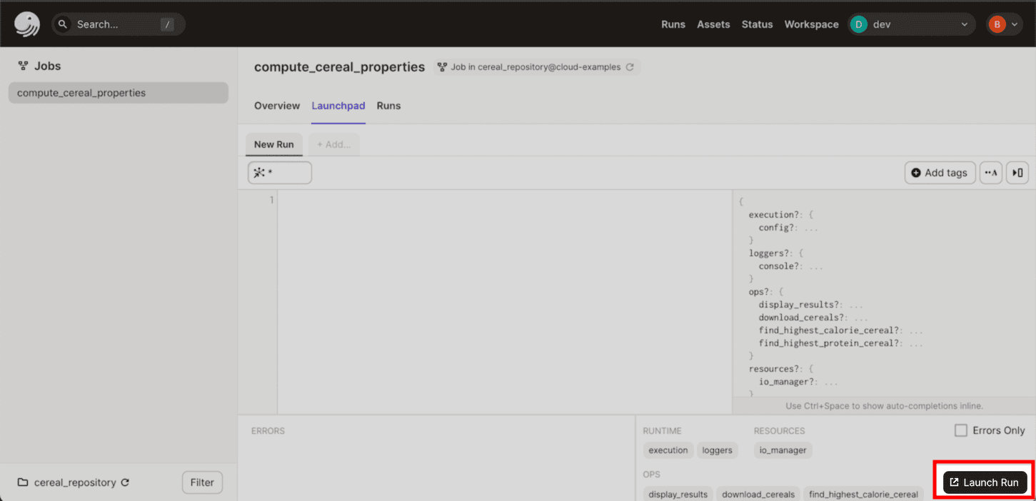 Dagit Launchpad for compute_cereal_properties Job